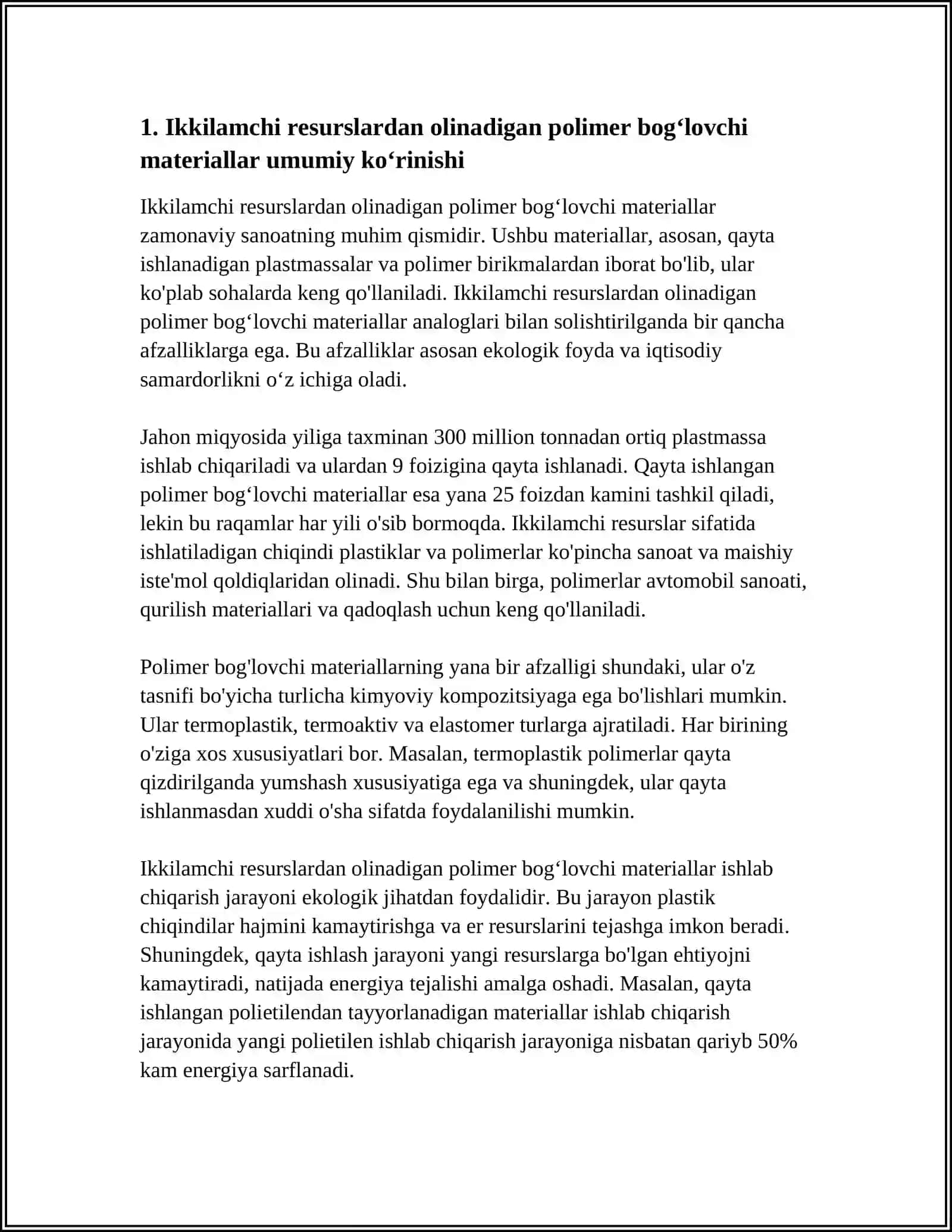 IKKILAMCHI RESURSLAR ASOSIDA OLINADIGAN POLIMER BOGʻLOVCHI MATERIALLAR TEXNOLOGIYASI 4