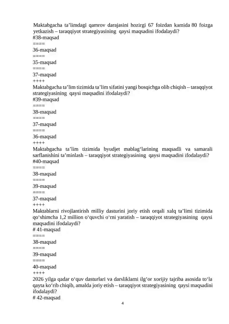 UMUMIY PEDAGOGIKA FANIDAN TEST NAZORAT SAVOLLARI 4