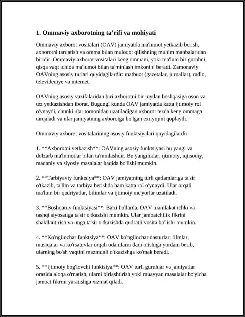 OMMAVIY AXBOROTNING TABIATI, MOHIYATI. AXBOROT JURNALISTIKANING ASOSIY QUROLI, VOSITA SIFATIDA 4