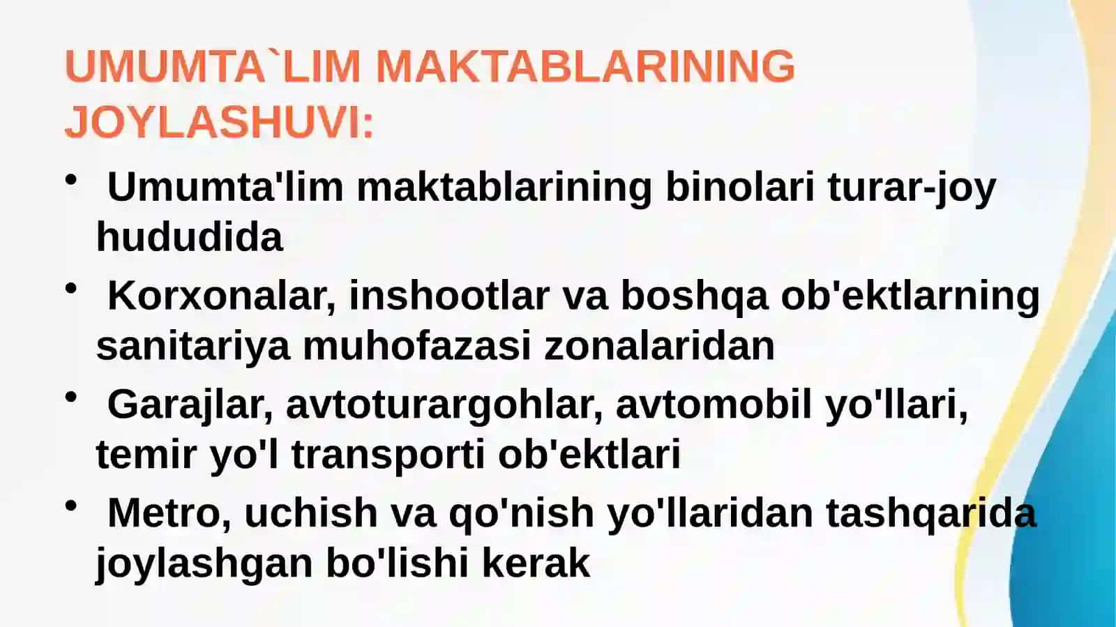 UMUMTA`LIM MAKTABLARI YER MAYDONIGA QO`YILADIGAN GIGIYENIK TALABLAR 4