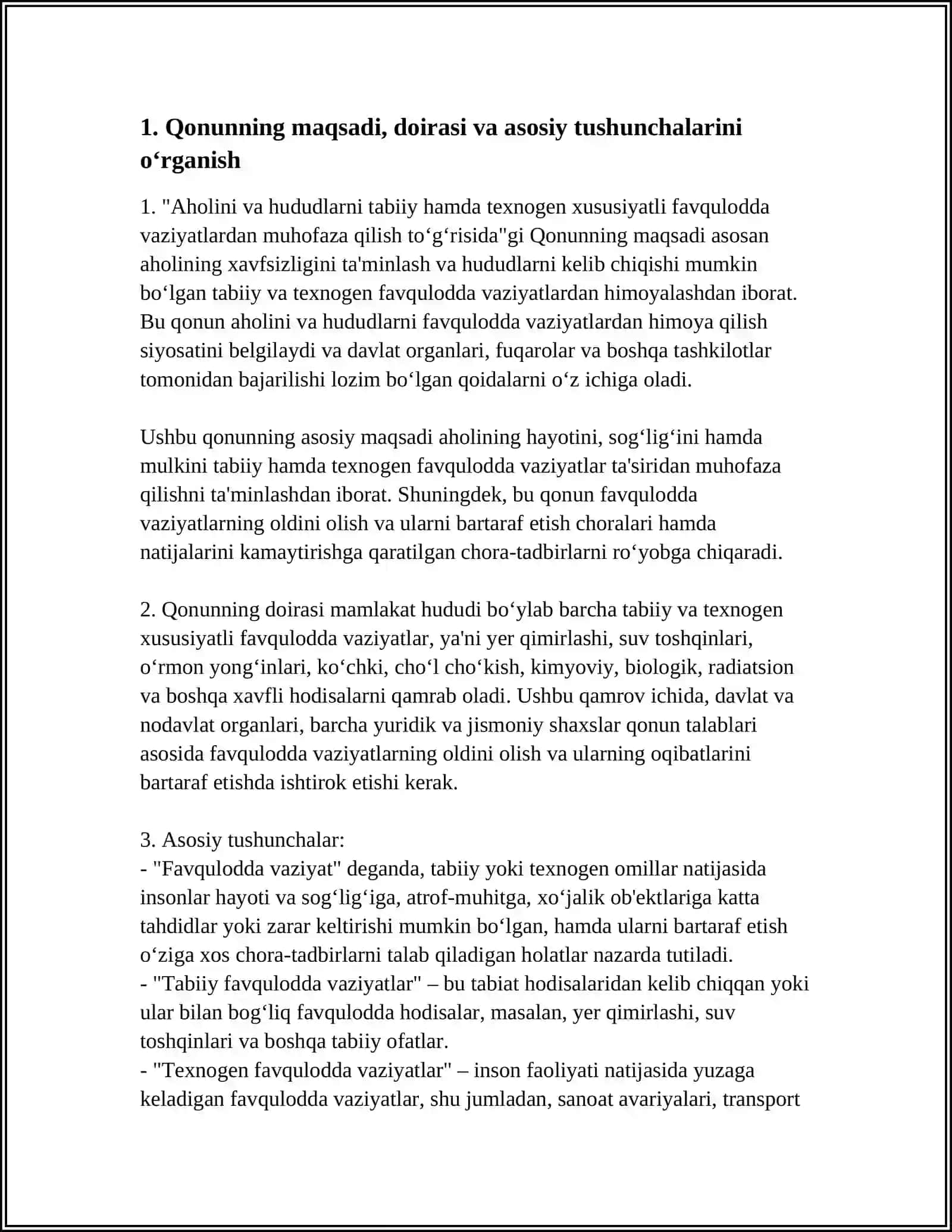 AHOLINI VA HUDUDLARNI TABIIY HAMDA TEXNOGEN XUSUSIYATLI FAVQULOTDA VAZIYATLARDAN MUHOFAZA QILISH TOʻGʻRISIDAGI GONUN BANDLARINI OʻRGANISH 4