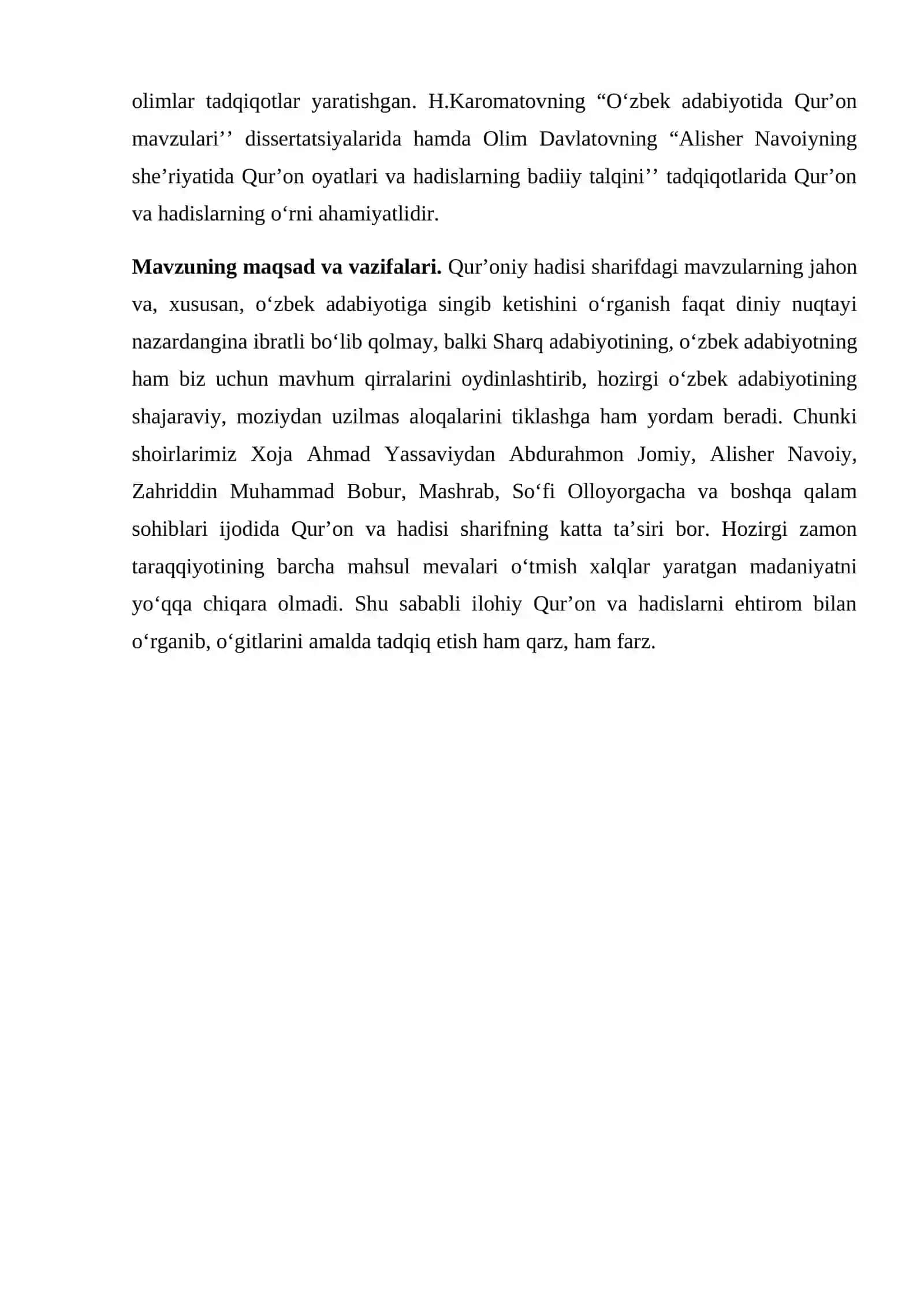 Mavzu: “MUMTOZ ADABIYOT TARAQQIYOTIDA “QUR’ONI KARIM” G‘OYALARI VA HADISI SHARIFDAGI FIKRLARNING O‘RNI VA AHAMIYATI” 4