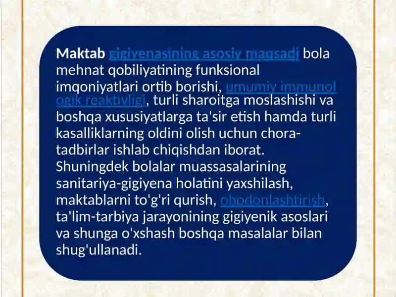 Maktabdagi bollarni o`qitish va tarbiyalash sharoitining gigiyenik talablar 4