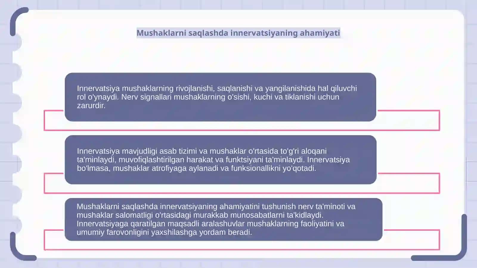 Mushaklarning taraqqiyoti, strukturaviy butunligini saqlash va regeneratsiyasida innervatsiyasining ahamiyati 4