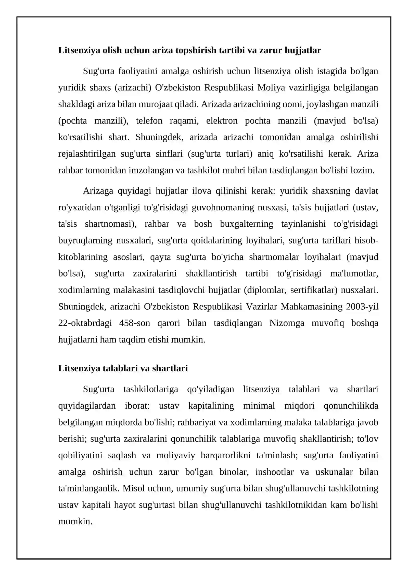 O'zbekistonda sug'urta faoliyatini litsenziyalash tartibi 4