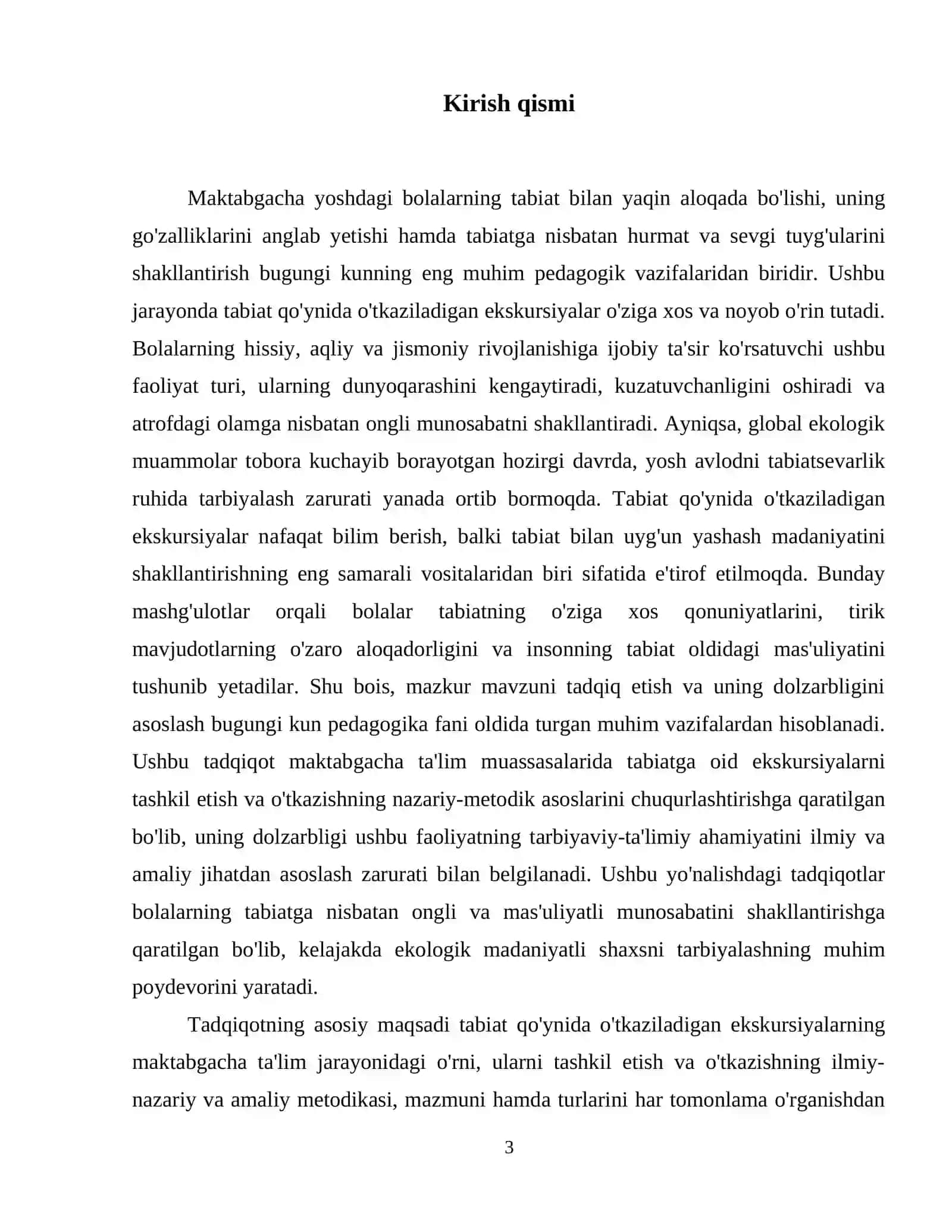 Tabiat qo'ynida o'tkaziladigan o'kaziladigan ekskursiyaning ahamiyati,o'tkazish metodikasi, mazmuni va turlari. 4