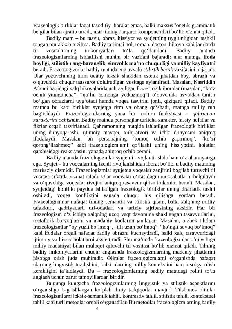Frazeologizmlarning badiiy matnda tutgan o‘rni 4