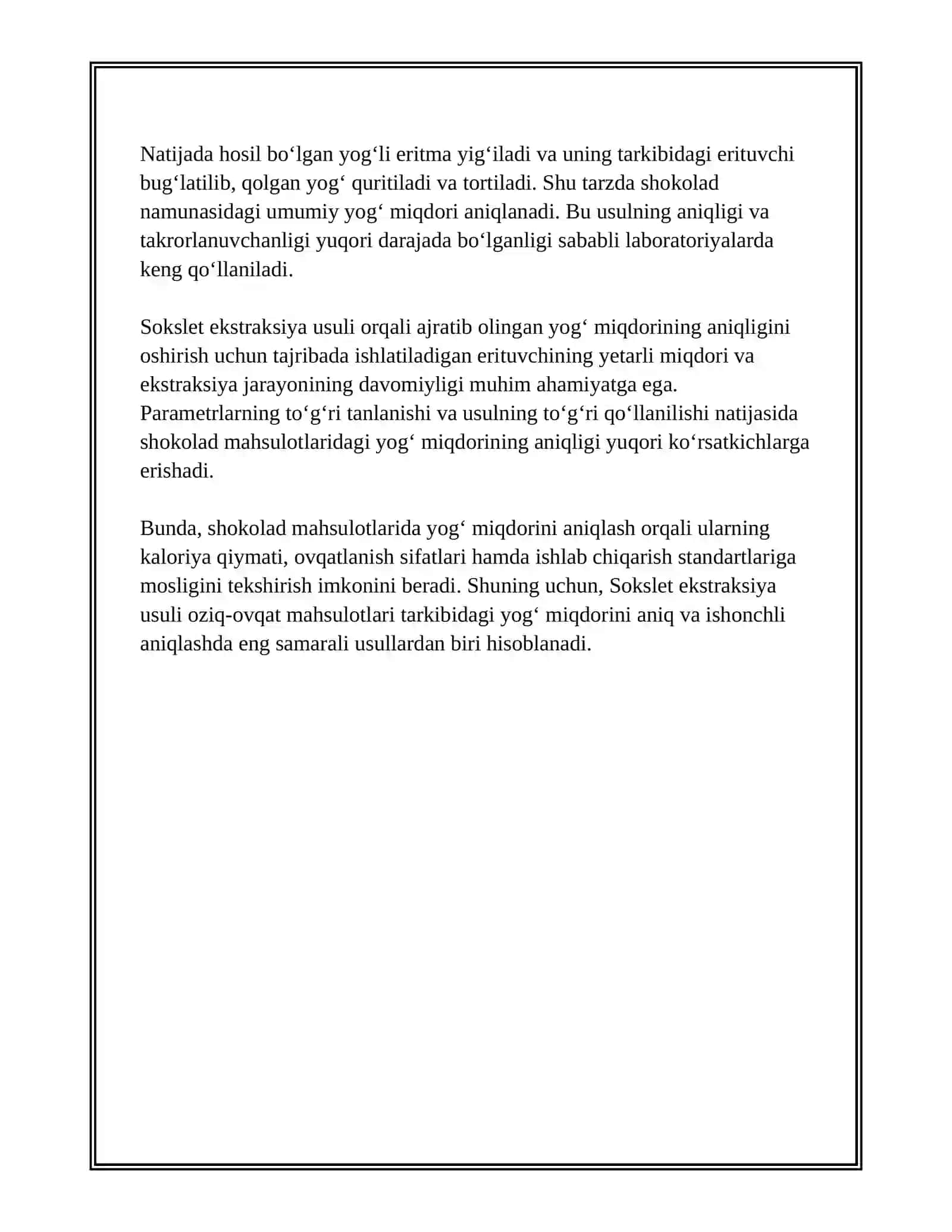 SHOKOLAD MAHSULOTLARIDA YOG' MIQDORINI ANIQLASH - SOKSLET EKSTRAKSIYA USULI 4