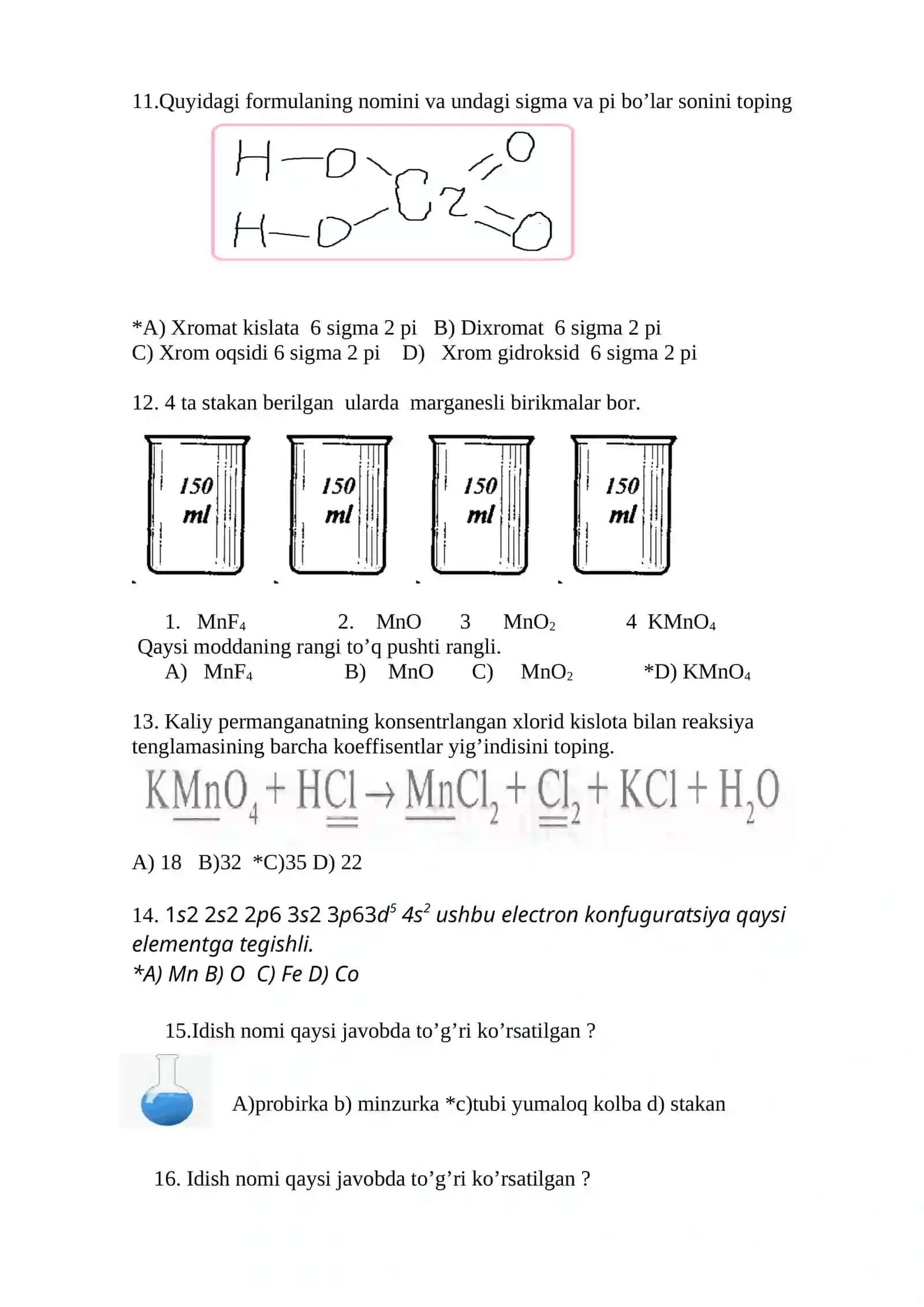 Kimyo test, javoblari bilan 4