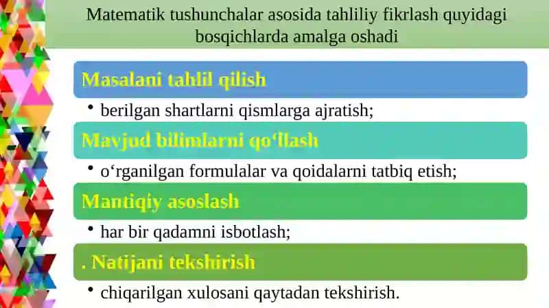 Mantiqiy fikrlash va matematik bilimlarning o'zaro aloqasi 4