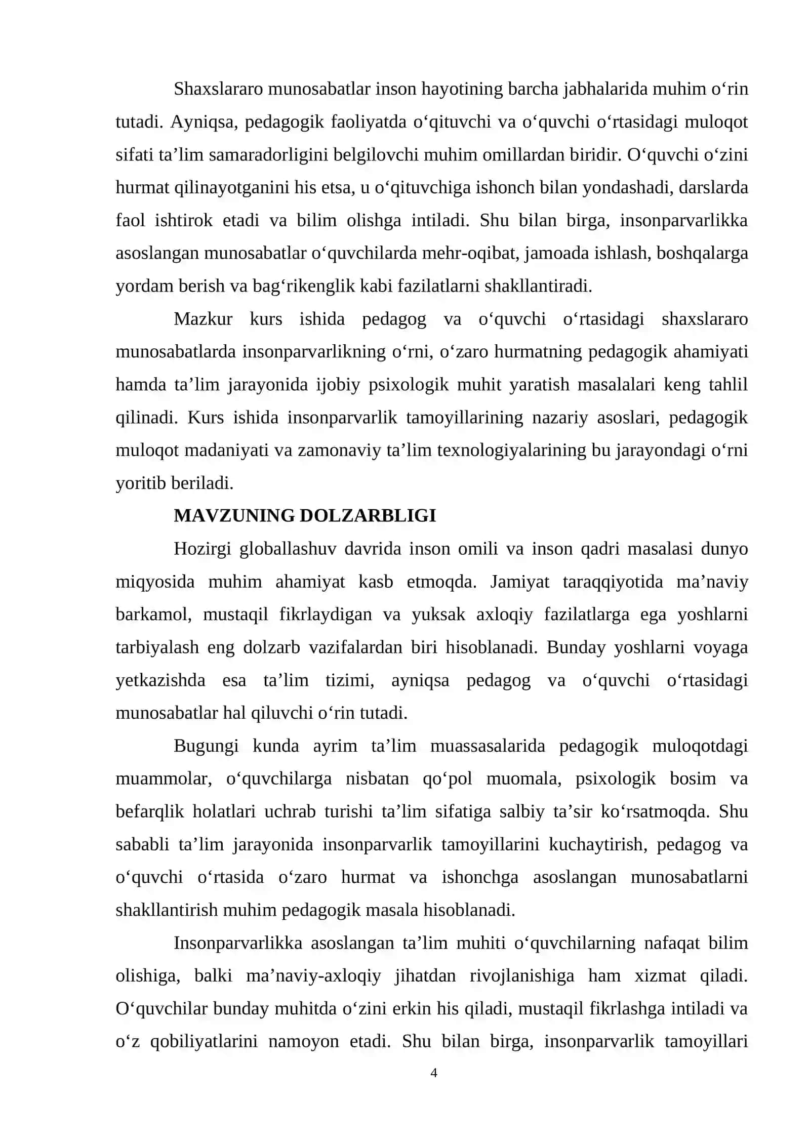 SHAXSLARARO MUNOSABATLARDA INSONPARVARLIK PEDAGOGLAR VA O'QUVCHILAR O'RTASIDAGI BIR BIRIGA XURMAT BILAN QARASH MUNOSABATLARI. 4