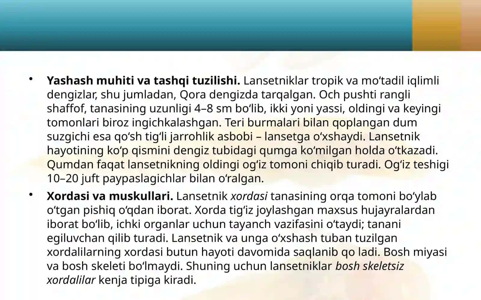 7-sinf Zoologiya 'Lansetnik - tuban tuzilgan xordali hayvon' ko'rgazma 4