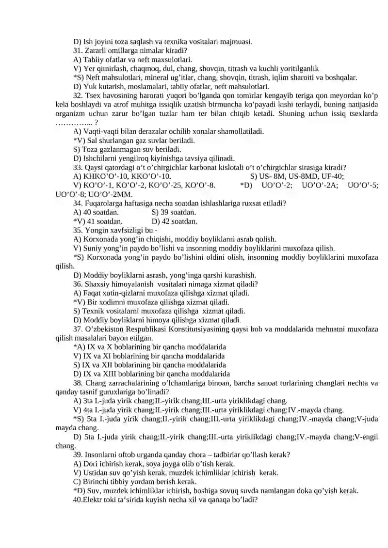 HAYOT FAOLIYATI ХАVFSIZLIGI FАNIDAN TEST SAVOLLARI 4
