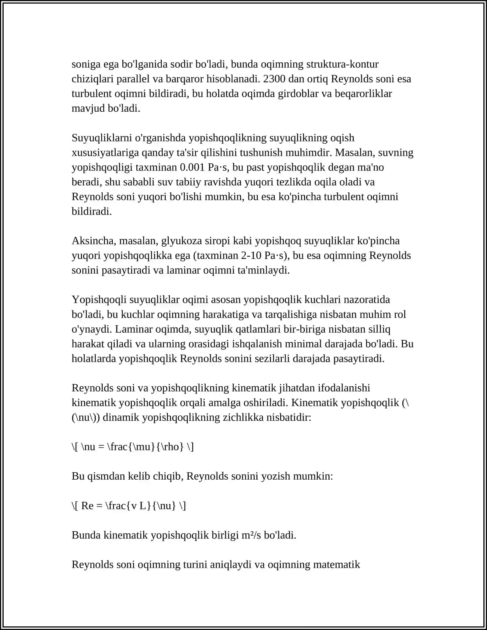 Mavzu: YOPISHQOQLIK KAYFISENTI. STOKS FORMULASI. REYNOLDS SONI 4