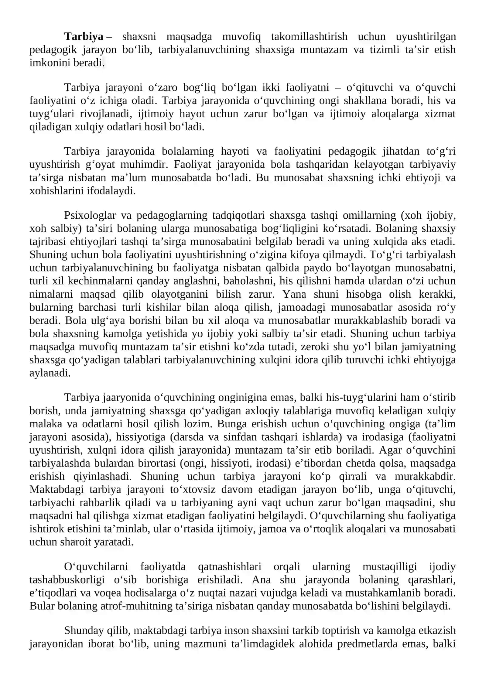 Boshlang’ich ta’limda tarbiya jarayonining mazmuni va mohiyati. Tarbiyaning umumiy metodlari, shakllari va vositalari 4