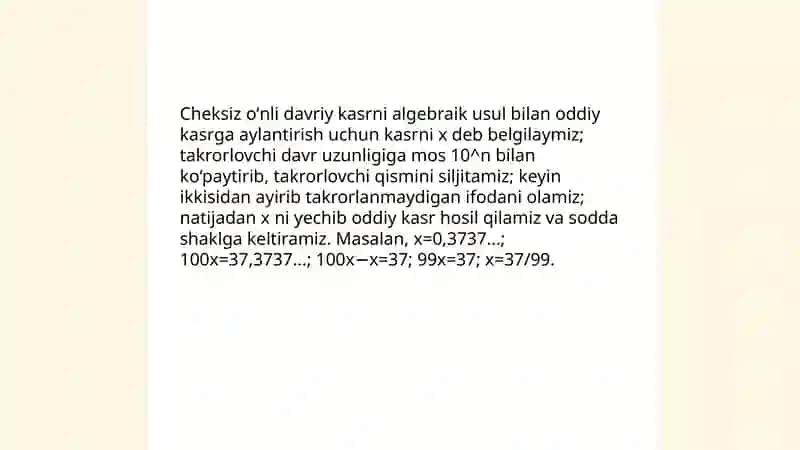 Oddiy kasrni cheksiz davriy kasrga aylantirish 4