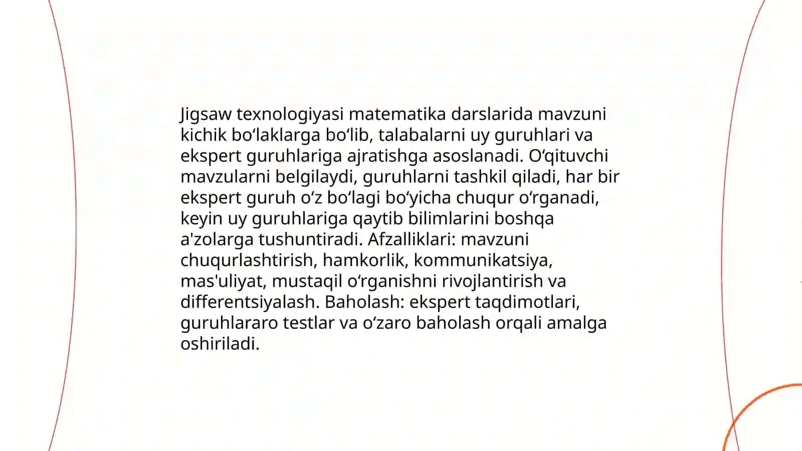 Matematika turkumidagi fanlarni oʻqitishda foydalaniladigan ta'lim texnologiyalari: hamkorlikda oʻqitish, jamoada oʻqitish, va kichik guruhlarda oʻqitish texnologiyalari 4