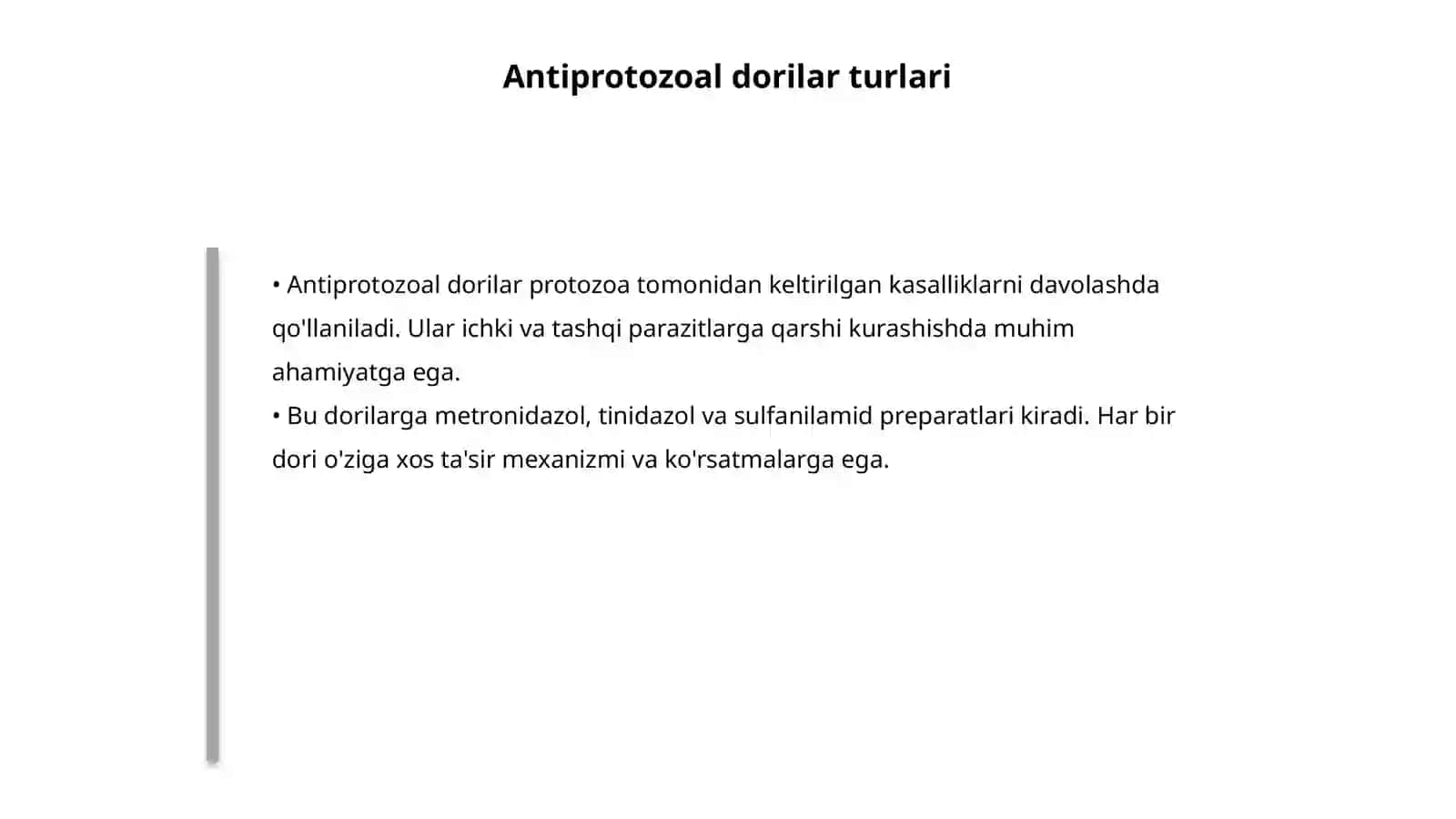 Sodda jonivorlarga qarshi vositalar. Sulfanilamid preparatlari 4