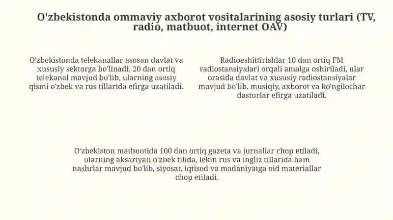 O’zbekiston Respublikasida ommaviy axborot vositalarining faoliyati 4