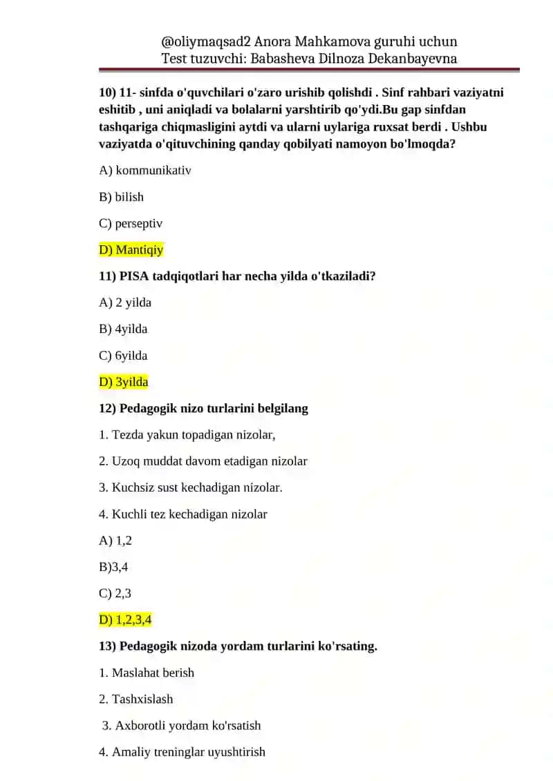 Test tuzuvchi: Babasheva Dilnoza Dekanbayevna 4