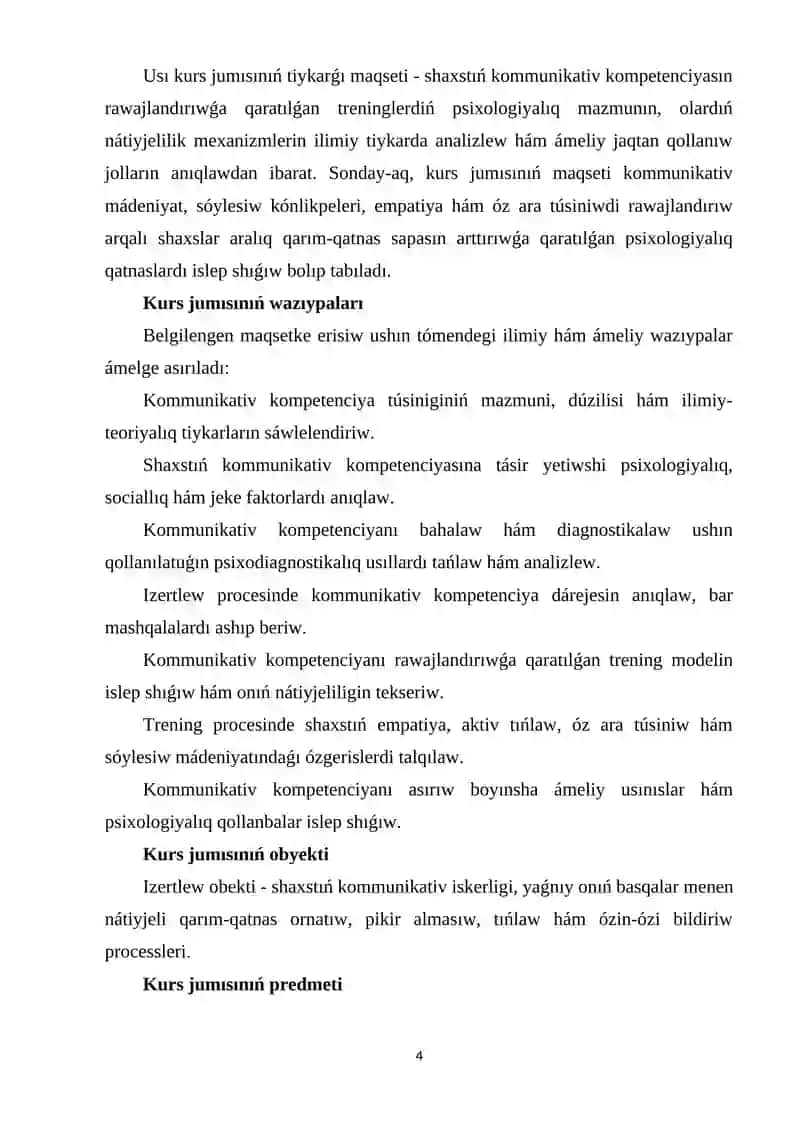 Kommunikativ kompetenciyanı rawajlandırıwǵa baǵdarlanǵan trening 4