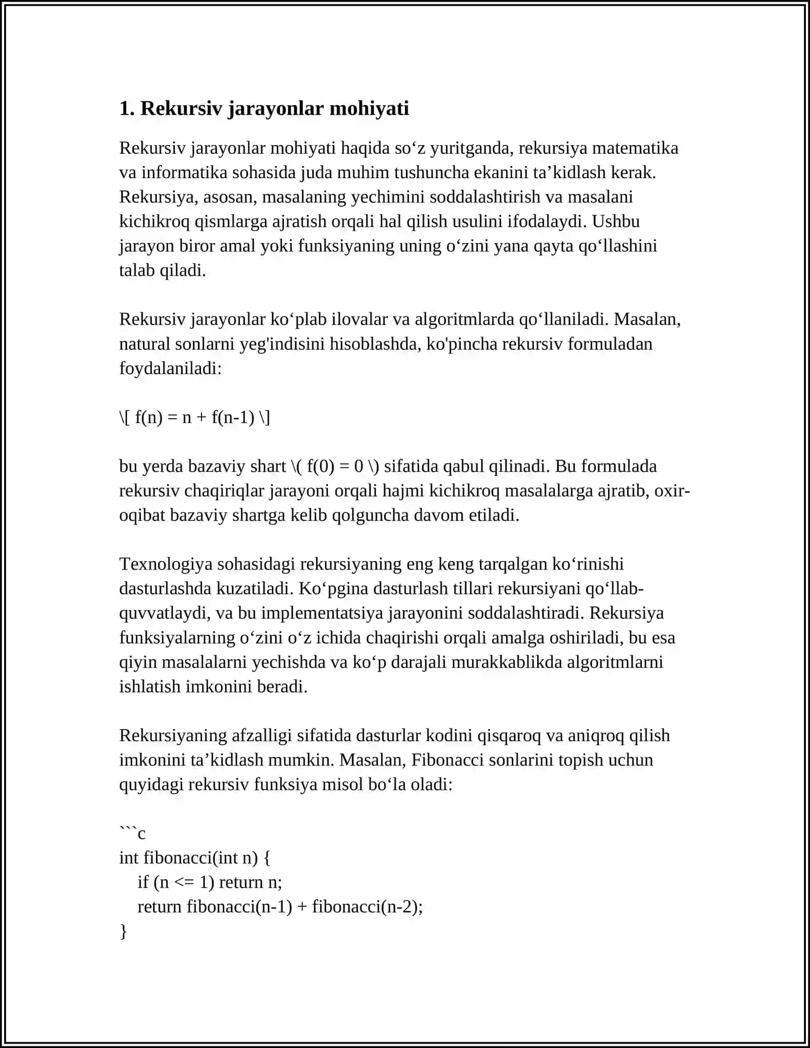 MAVZU: REKURSIV JARAYONLARNI TASHKIL ETISH. ICHMA ICH JOYLASHGAN REKURSIV JARAYONLARNI TASHKIL ETISH. SATRLAR BILAN ISHLASH 4