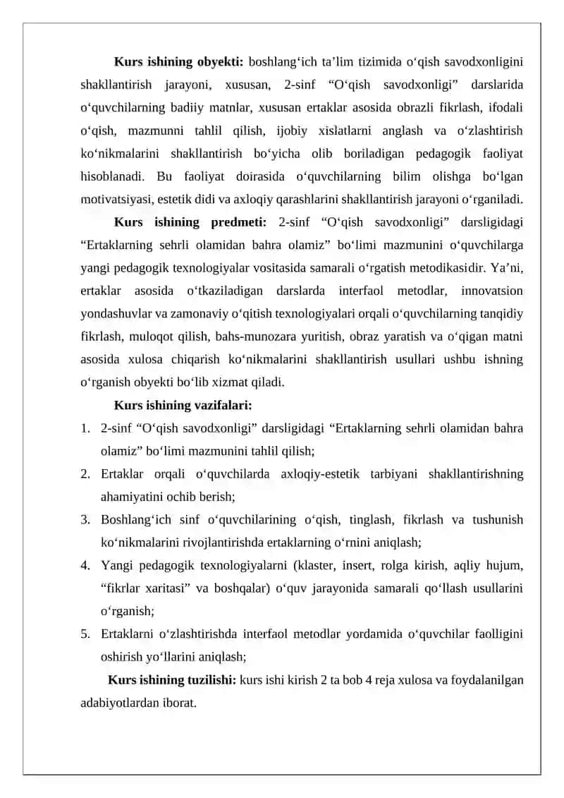 2-SINF O‘QISH SAVODXONLIGI DARSLIGIDAGI “ERTAKLARNING SEHRLI OLAMIDAN BAHRA OLAMIZ” BO‘LIMINI YANGI PEDAGOGIK TEXNOLOGIYALAR VOSITASIDA O‘RGANISH 4