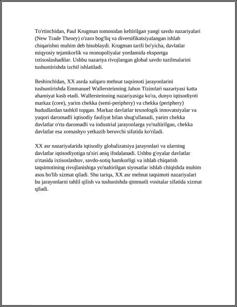 "XALQARO MEHNAT TAQSIMOTI RIVOJIGA OID TALIʼMOTLARNING XXASRDAGI XUSUSIYATLARI" 4