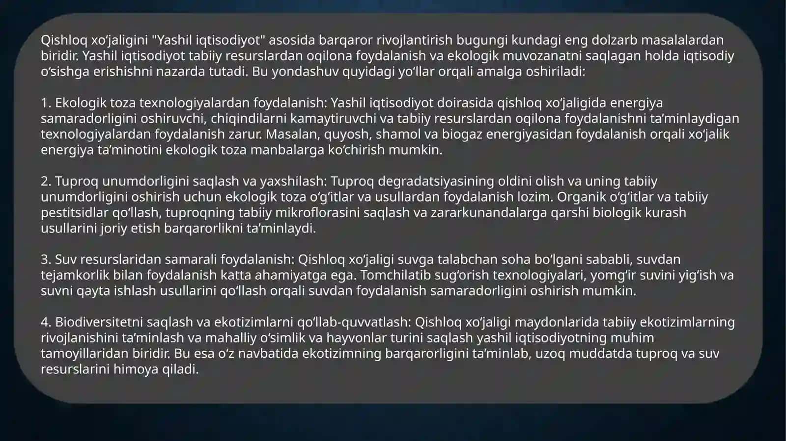 Qishloq xo’jaligini “Yashil iqtisodiyot” asosida barqaror rivojlantirish 4
