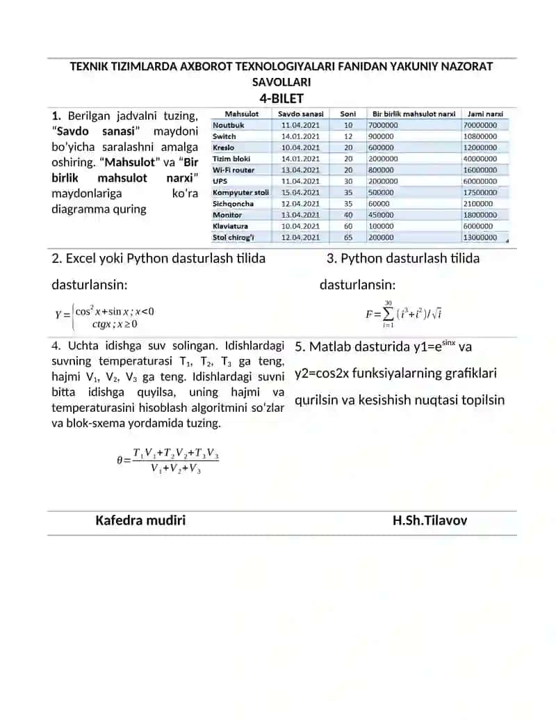 TEXNIK TIZIMLARDA AXBOROT TEXNOLOGIYALARI FANIDAN YAKUNIY NAZORAT SAVOLLARI 4