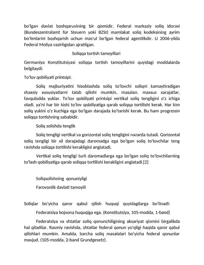 Germaniya soliq tizimida daromad solig’ining soliq qonunchiligida belgilangan soliqlarning elementlarini Respublikamiz soliq tizimidagi daromad solig’i elementlari bilan taqqoslash farqlari va o’xshashliklarini izohlash. 4