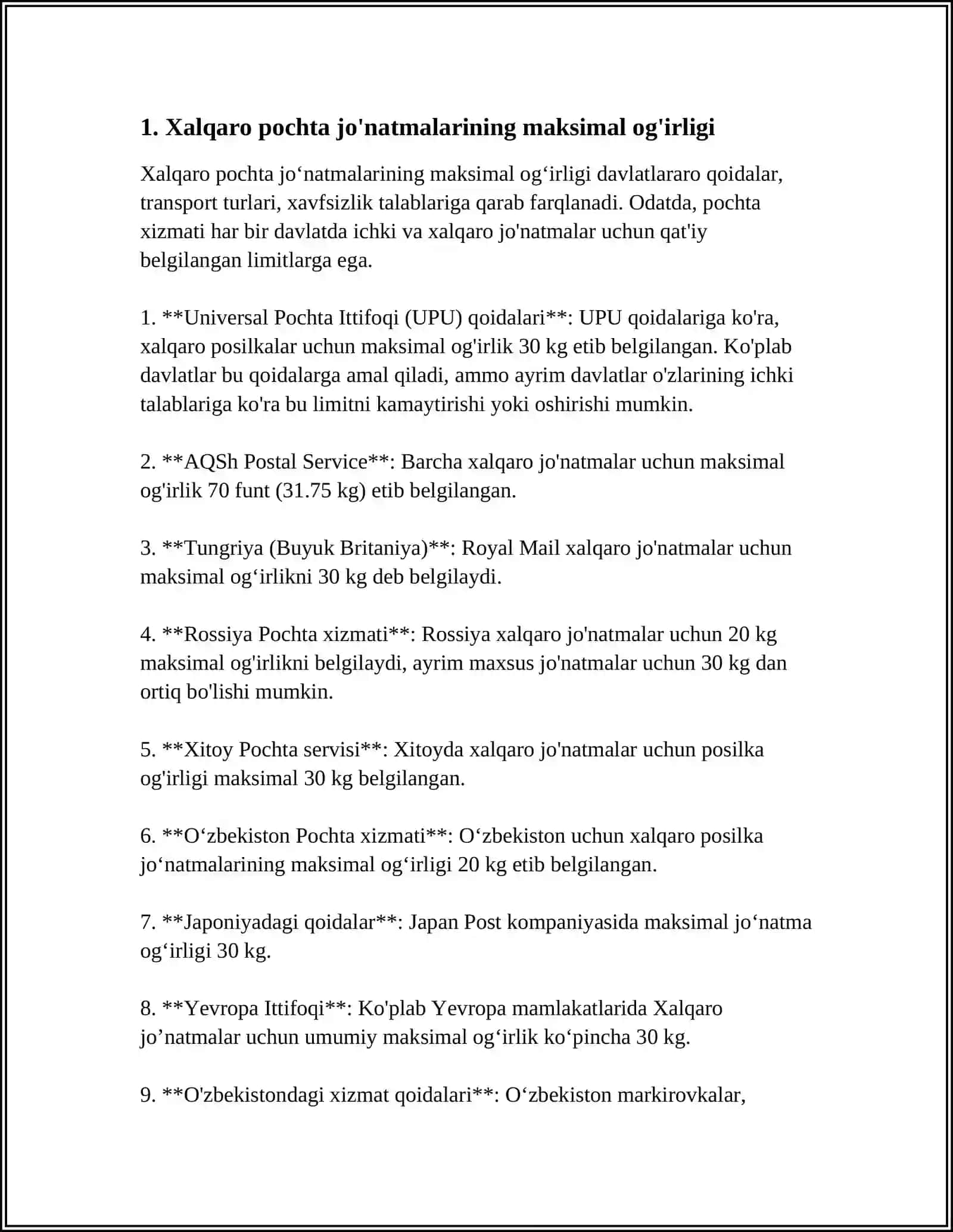 Xalqaro Pochta va Kurerlik Jo'natmalarining Cheklangan O'lchamlari 4