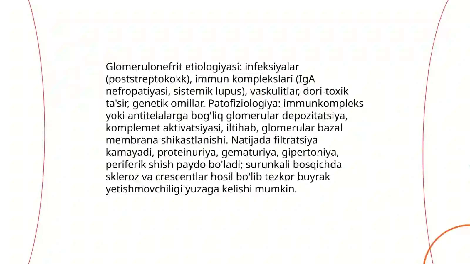 Buyrak va siydik ishlab chiqarish a'zolari kasalliklari. Piyelonefrit va glomerulonefritda ko'rsatiladigan hamshiralik parvarishi 4