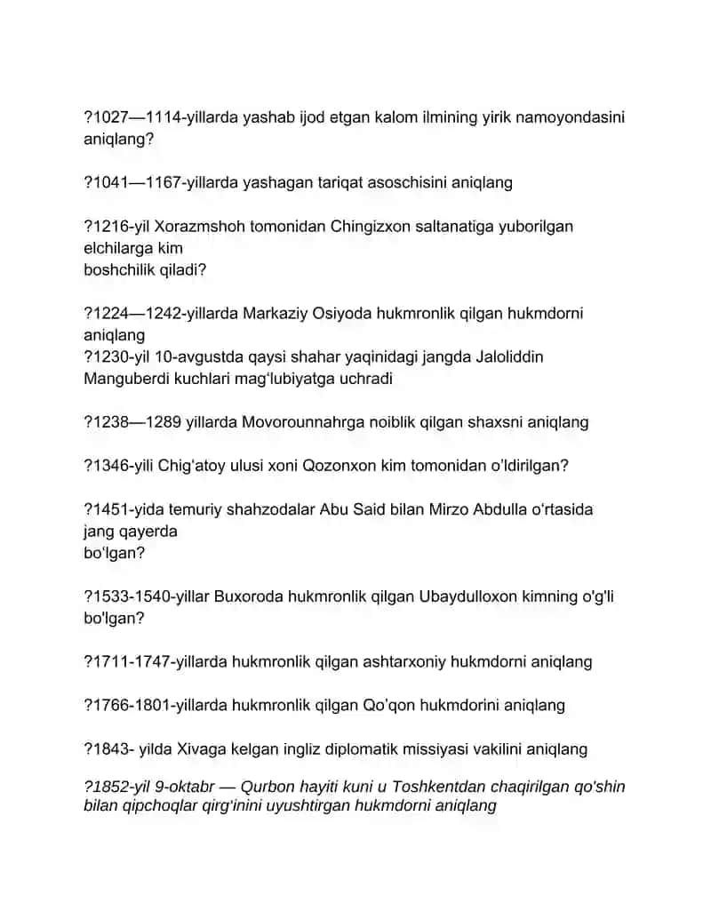 O'zbekiston tarixi fanidan yopiq testlar jamlanmasi 4