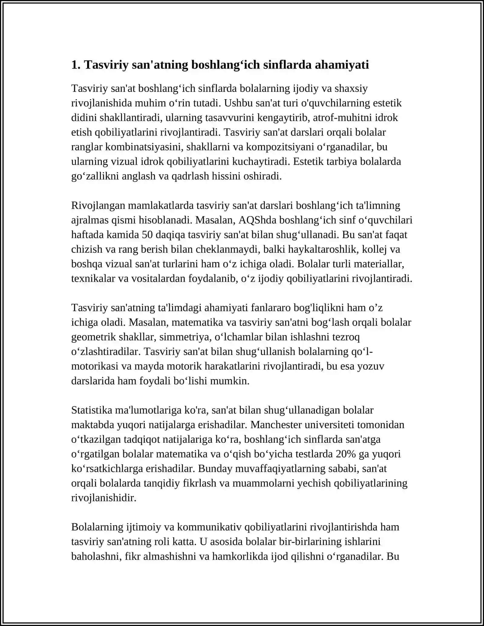 BOSHLANGʻICH SINF OʻQUVCHILARINING TASVIRIY IJODKORLIK QOBILIYATLARI RIVOJLANGANLIK DARAJASINI ANIQLASH 4