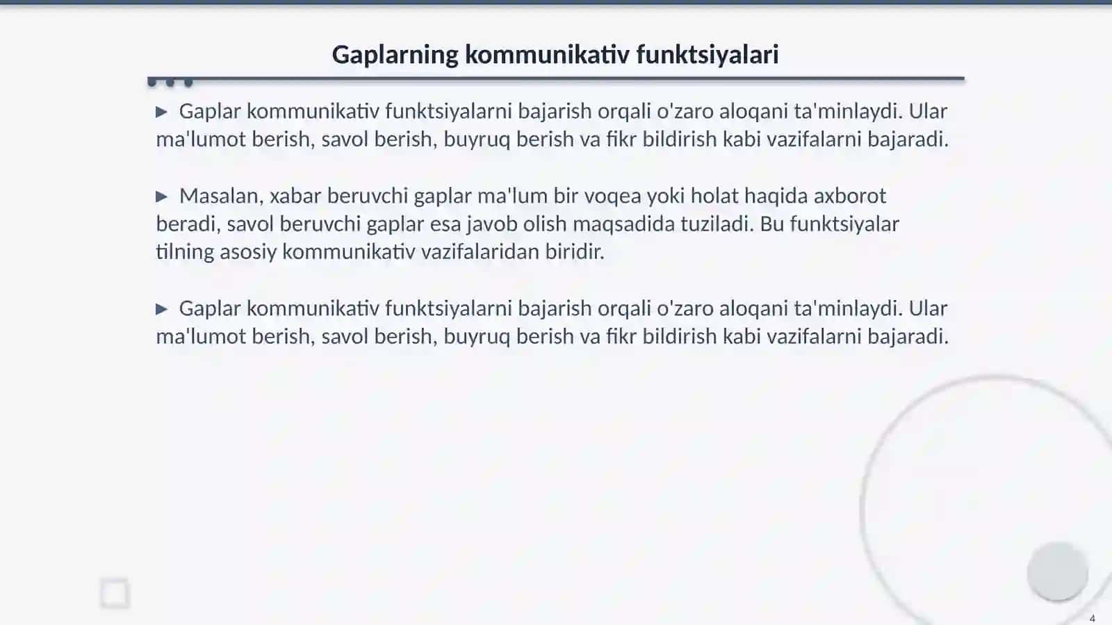 Gap. Gap - kommunikativ (aloqa) birlik sifatida. Ifoda maqsadiga ko'ra gap turlari 4