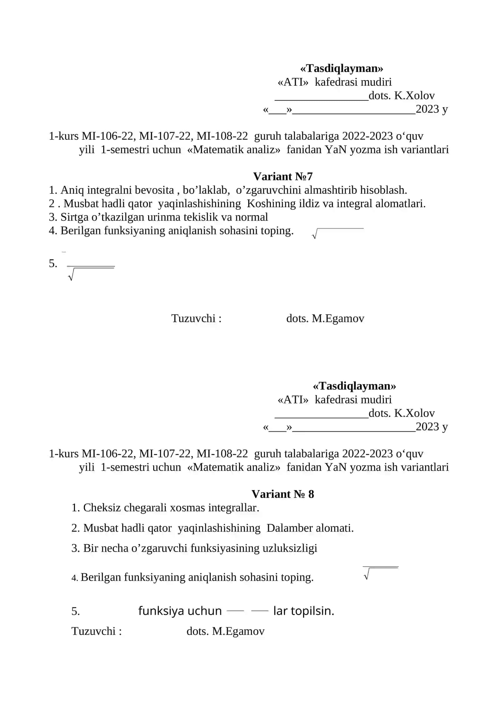 Matematik analiz YaN yozma ish variantlari 4