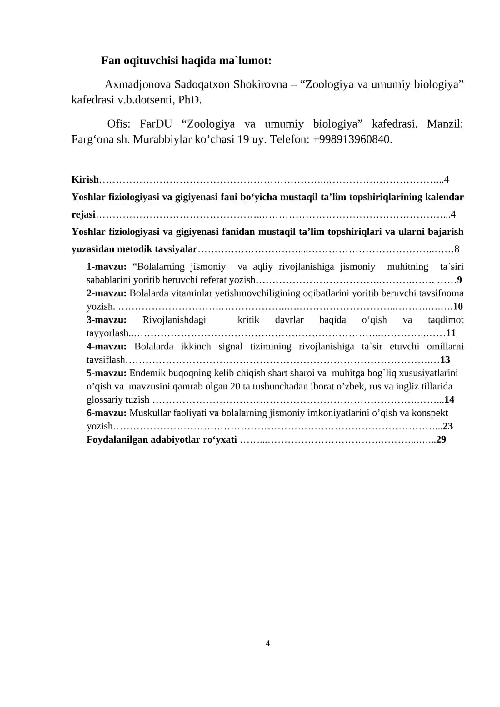 Yosh Fiziologiyasi va Gigiienasi Fanidan Mustaqil Ta'lim Topshiriqlari 4