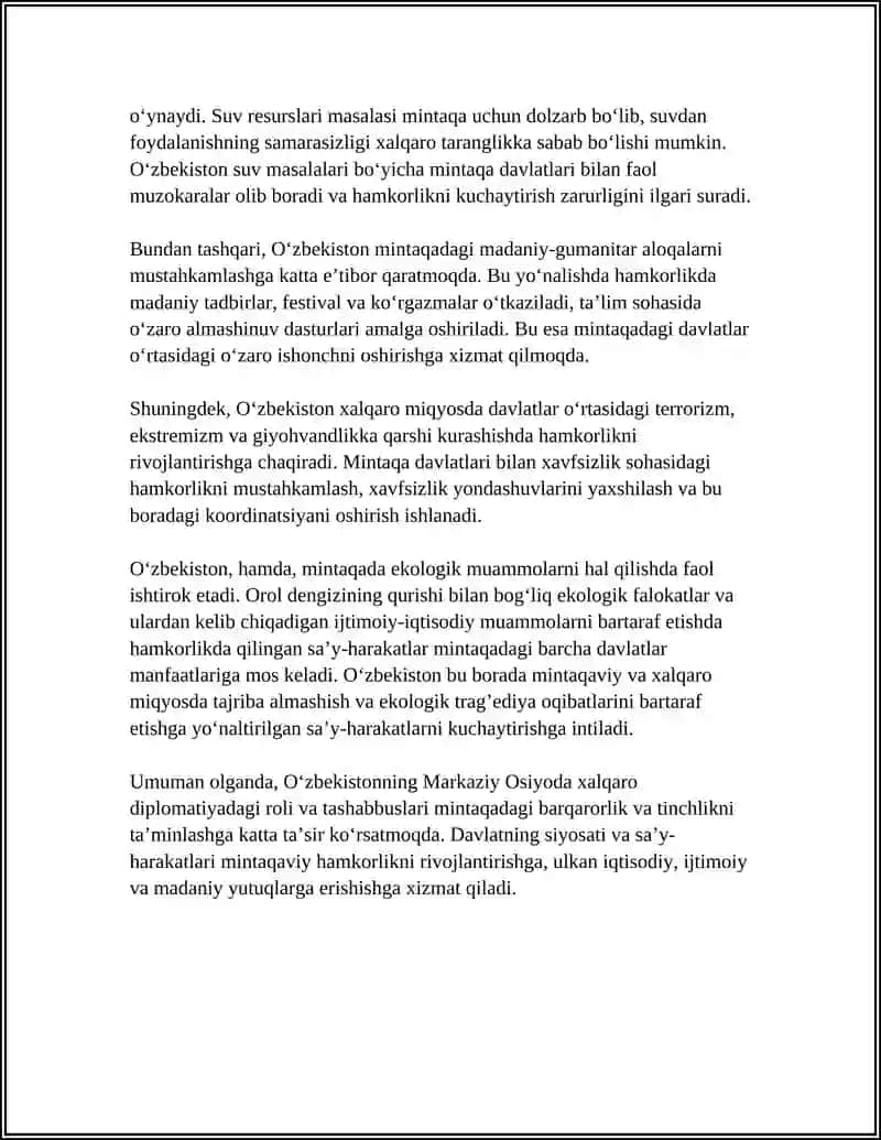 OʻZBEKISTONNING MARKAZIY OSIYODA TINCHLIK VA BARQARORLIKNI TAMINLASHDAGI ORNI 4