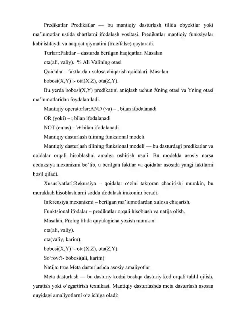 MANTIQIY DASTURLASH. PREDIKATLAR. MANTIQIY DASTURLASH TILINING FUNKSIONAL MODELI.META DASTURLASHDA ASOSIY AMALIYOTLAR 4