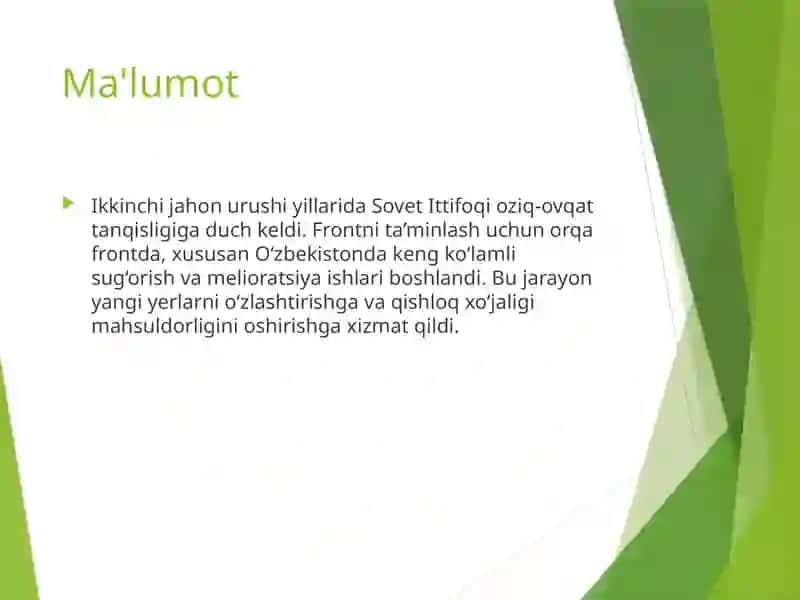 Ikkinchi Jahon urushi yillarida irrigatsiya siyosati va zarurati 4