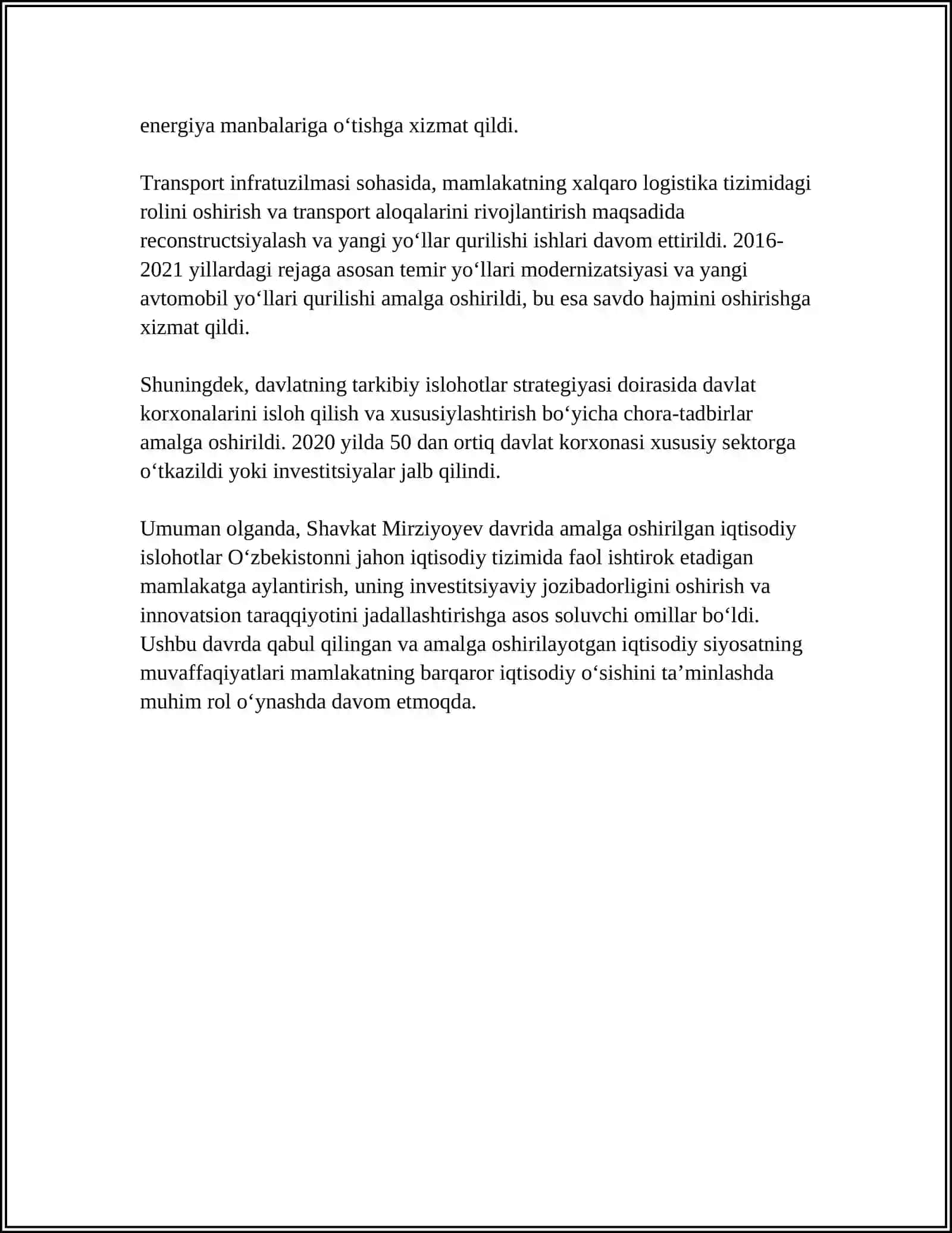 O‘ZBEKISTON RESPUBLIKASI PREZIDENDI SHAVKAT MIRZIYOYEVNING KENG MIQIYOSLI IQTISODIY ISLOHATLARI VA UNING MAZMUNI 4