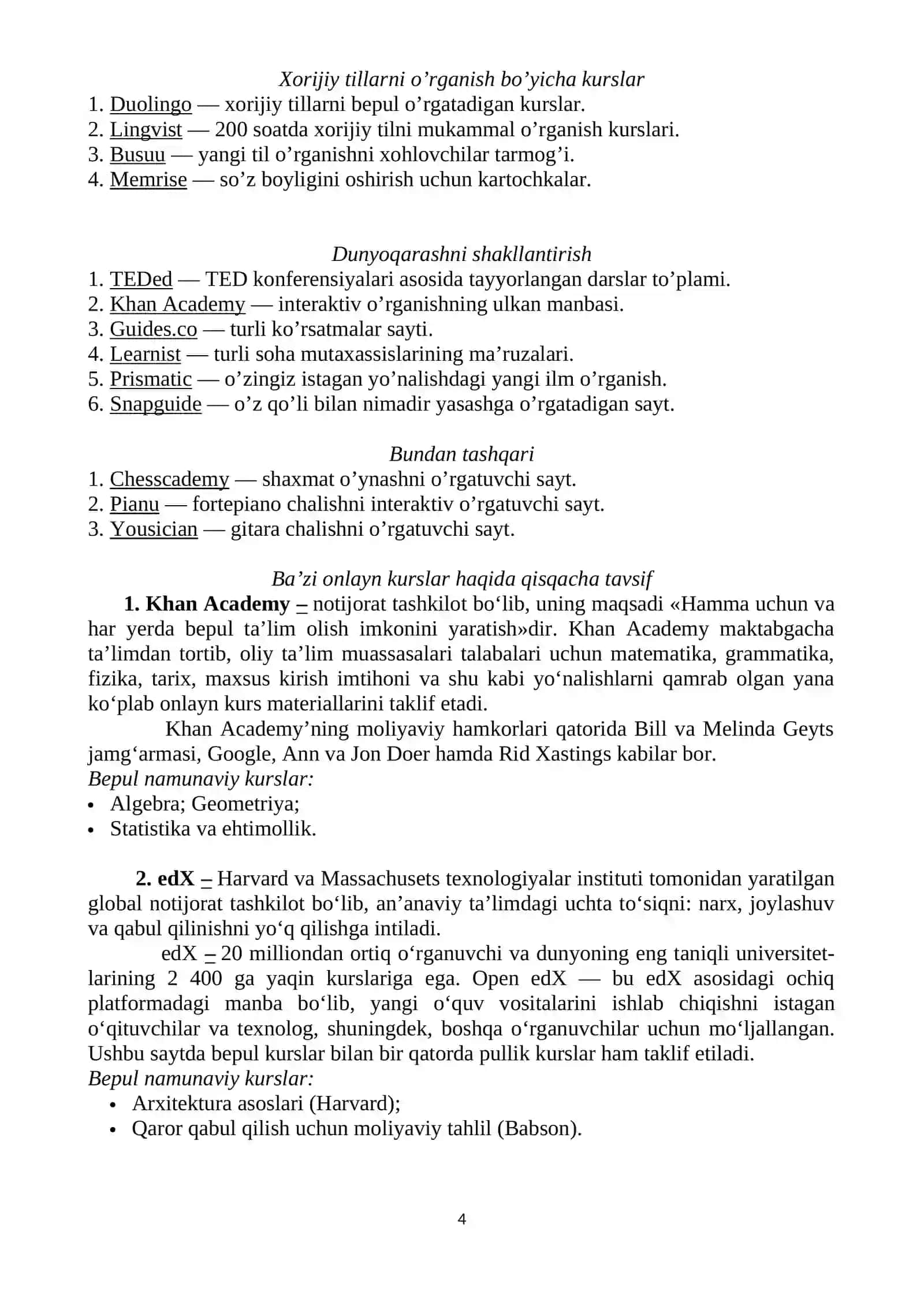 Masofaviy ta’lim platformalari bilan ishlash. Masofaviy ochiq universitetlar. Onlayn o’quv kurslar 4