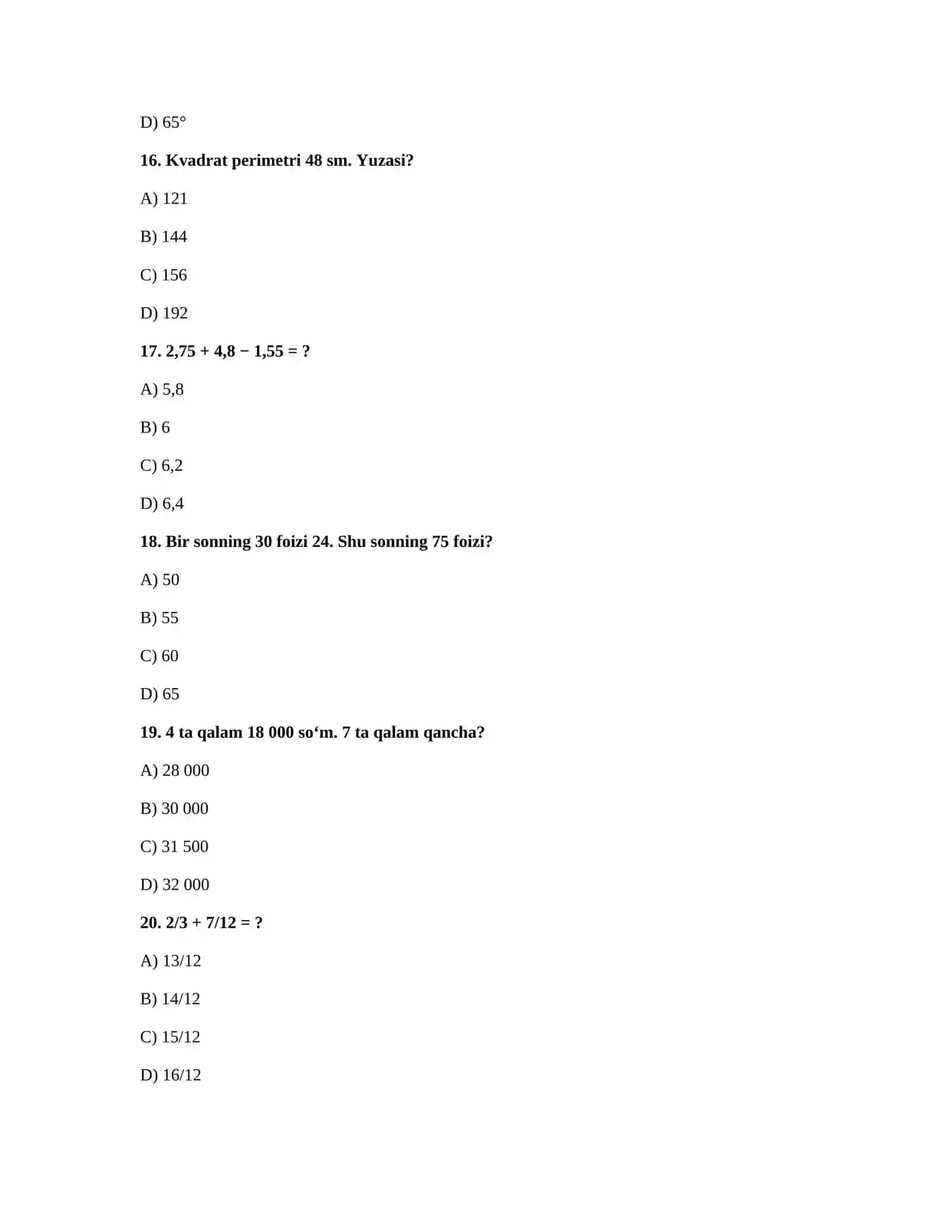 BOSHLANGICH TALIM MILLIY SERTIFIKAT (200 Talik Tayyorlanish Savollari Bazasi) 4