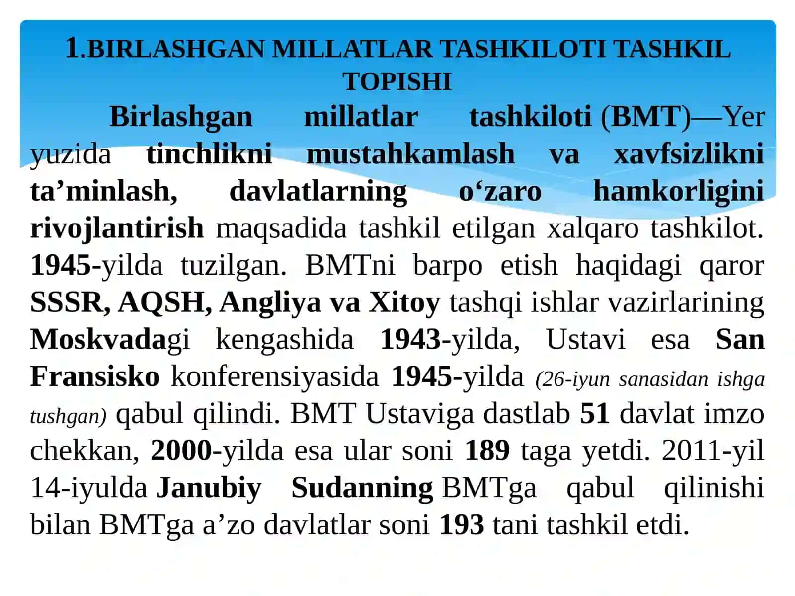 O‘ZBEKISTON RESPUBLIKASINING BMTGA A’ZO BO‘LISHI VA JAHON HAMJAMIYATIDAGI O‘ZIGA XOS O‘RNI 4