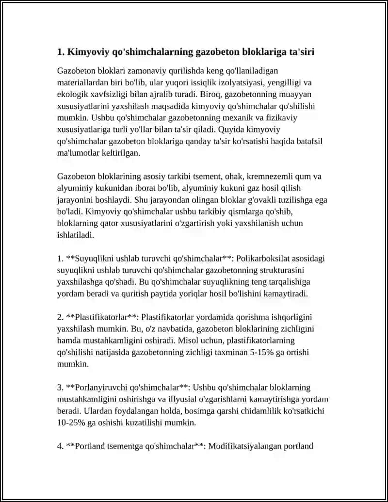 AVTOKLOVSIZ QOTADIGAN GAZABETON BLOKLARINI ISHLAB CHIQARISHDA KIMYOVIY QOʻSHIMCHALAR 4