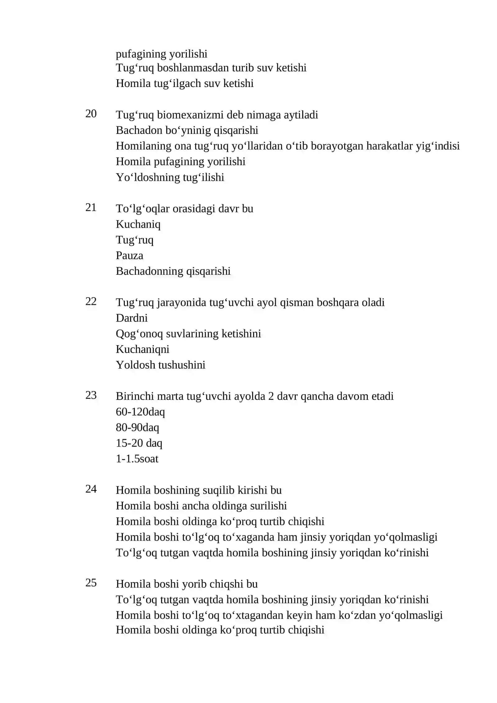 Akusherlik ishi mutaxassisligi boʻyicha shakllantirilgan test savollari roʻyxati 4