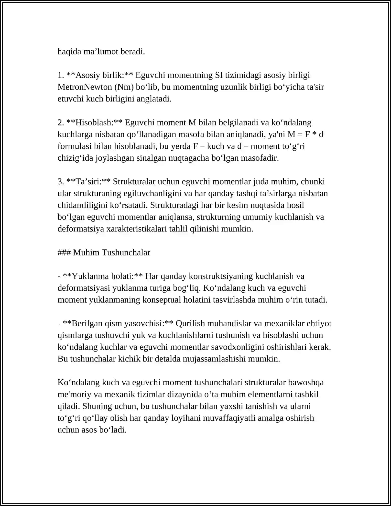 KO‘NDALANG KUCH VA EGUVCHI MOMENT VA ULARNING EPYURALARI KUCHLANISH VA DEFORMATSIYA 4