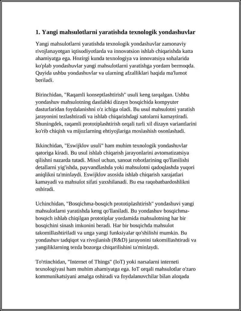 MUSTAQIL ISH Mavzu: MAHSULOT VA UNI SHAKLLANTIRISHDA TEXNOLOGIYALARDAN FOYDALANISH 4