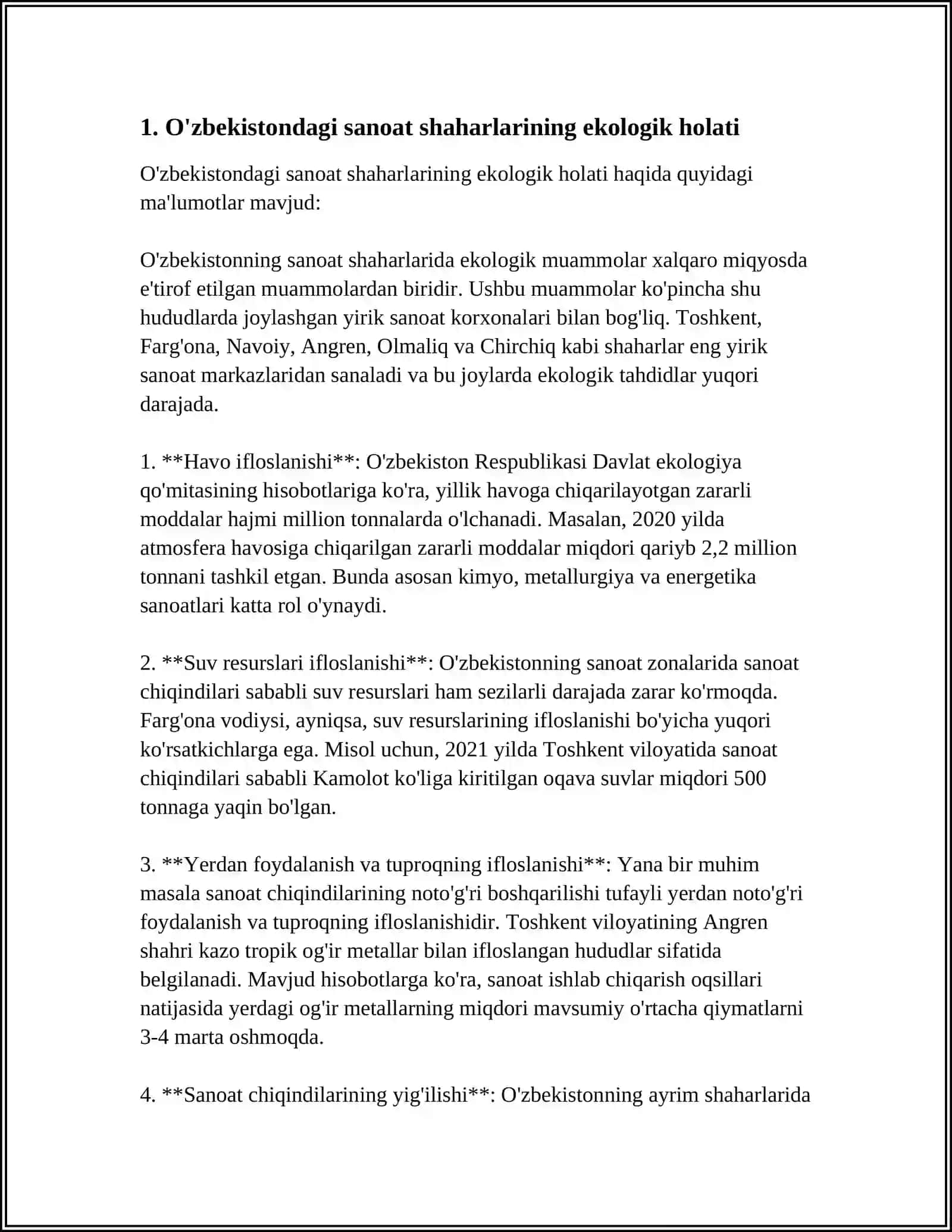 O'ZBEKISTONDAGI SANOAT SHAHARLARI VA ULAR ATROFIDAGI TUPROQ QOPLAMINING EKOLOGIK HOLATI VA REKULTUVATSIYASI 4